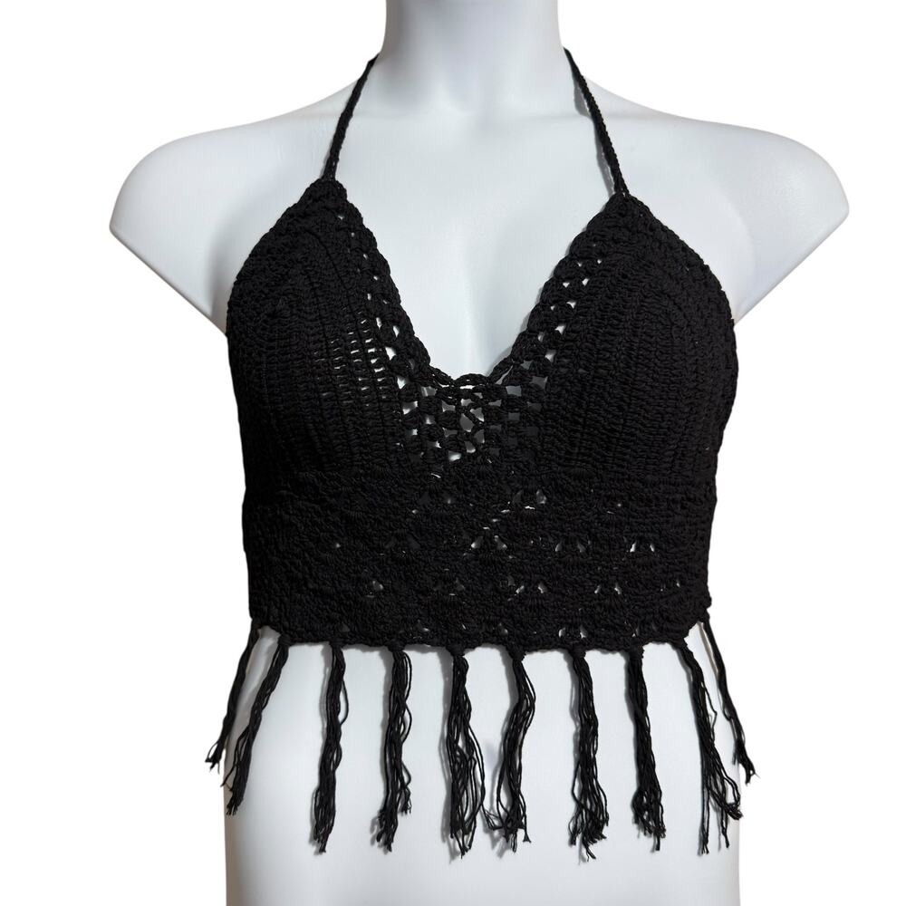 Uluwatu Black Boho crochet halter crop‎ top with fringe - large